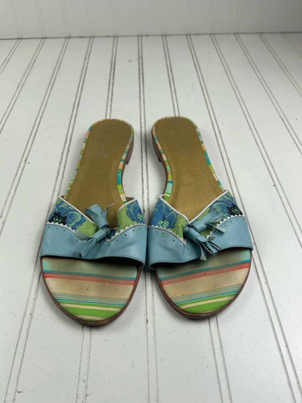 Talbots Slide Sandals Blue Leather Bow Stripe Floral Women’s Size 9.5 - Picture 3 of 8